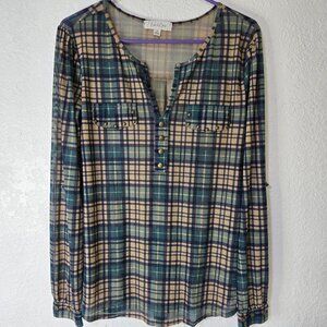 Eden & Olivia Shirt Womens Small Blue Beige Plaid Studded Long Sleeve Sheer Top